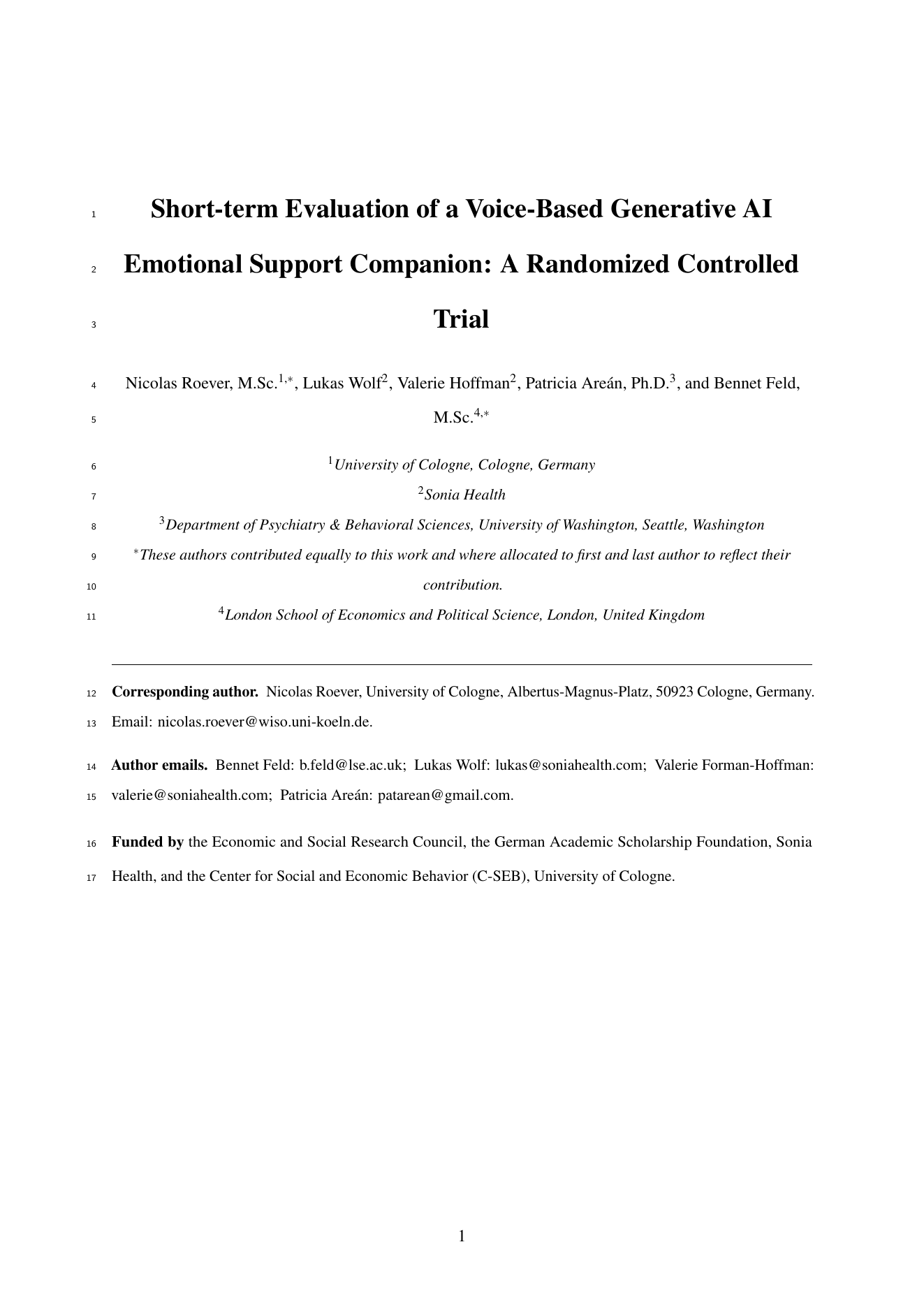 Short-term Evaluation of a Voice-Based Generative AI Emotional Support Companion randomized controlled trial title page